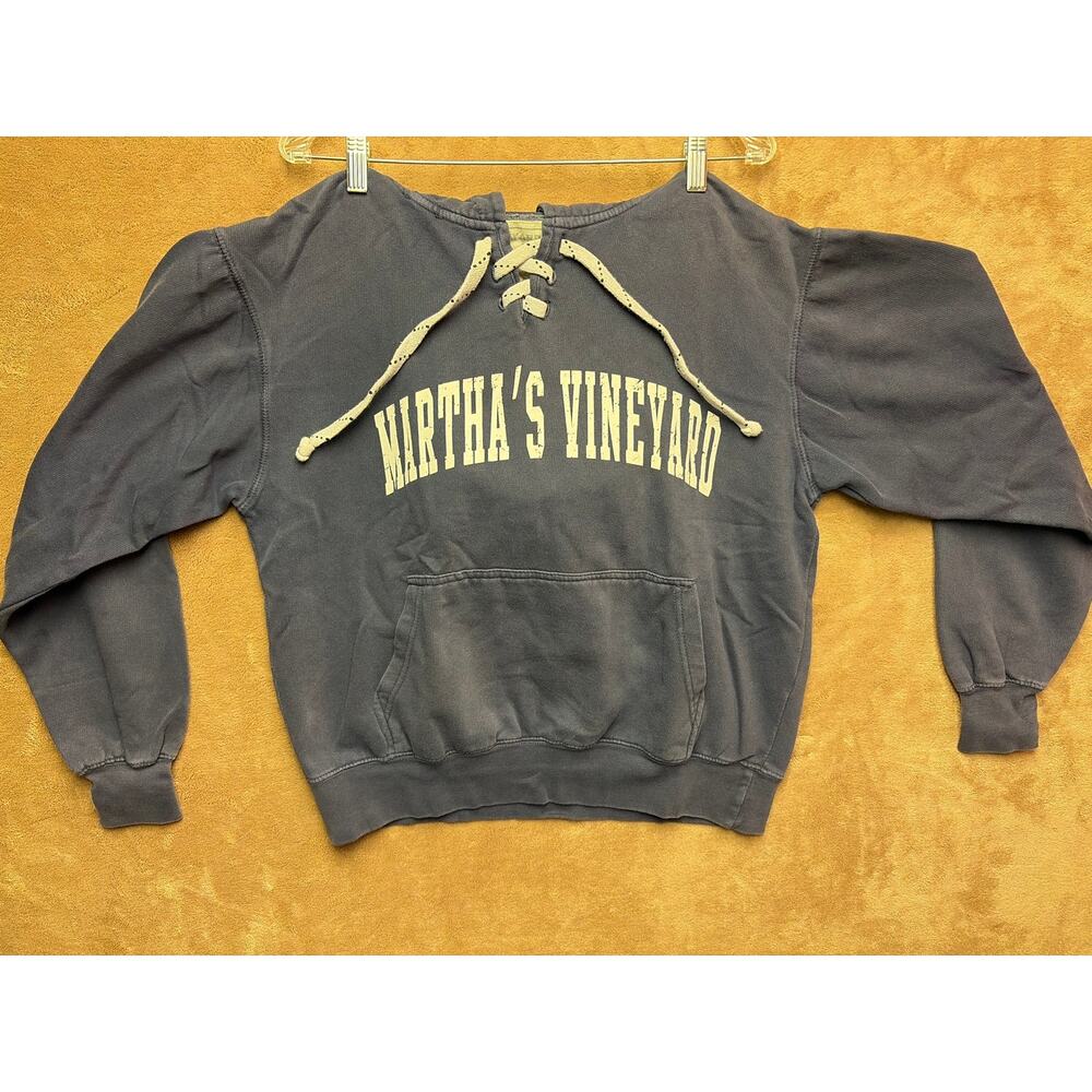 Vintage Y2K Martha's Vineyard Lace Up Hoodie Sun Faded Distressed Gray Size M